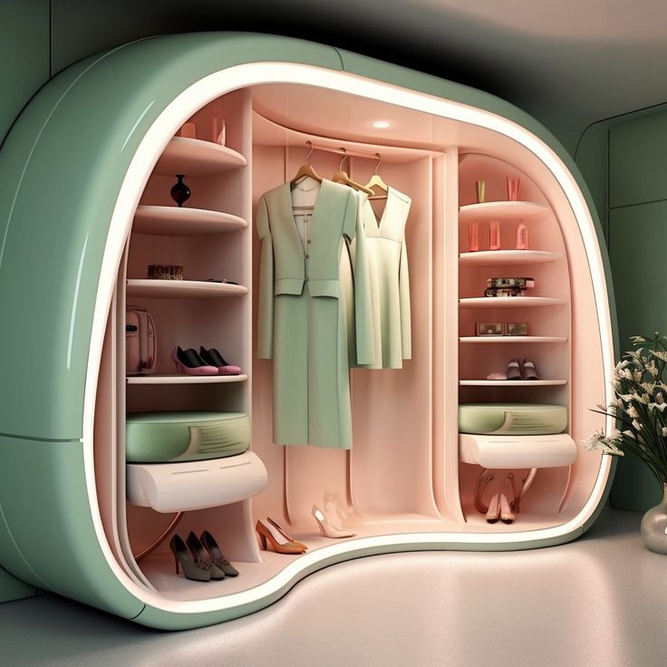 Futuristic closet pod with pastel shelves, hanging dresses, shoes, and accessories