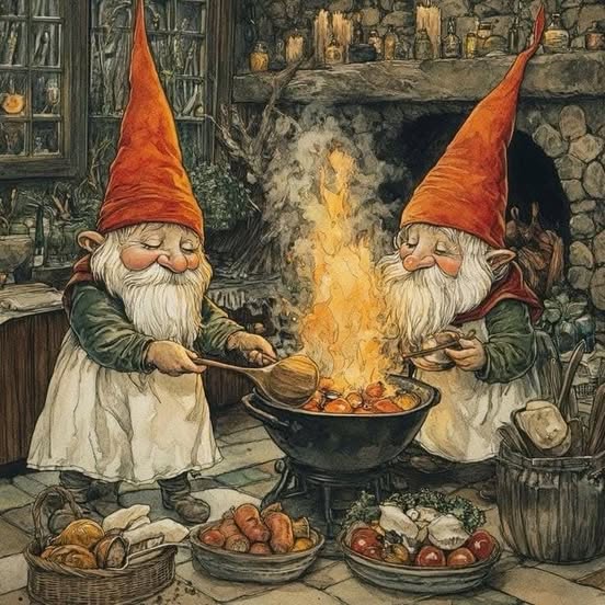 Two gnomes with red hats cooking over a cauldron in a cozy stone kitchen