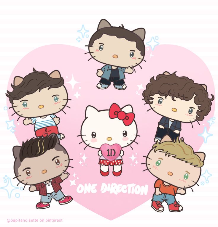 Cute cartoon white cat character with five chibi boys around a pink heart