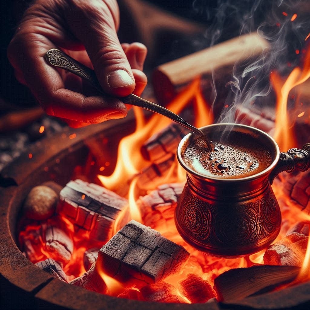 Hand holding ornate copper Turkish coffee pot over flames with chocolate and tea glass nearby