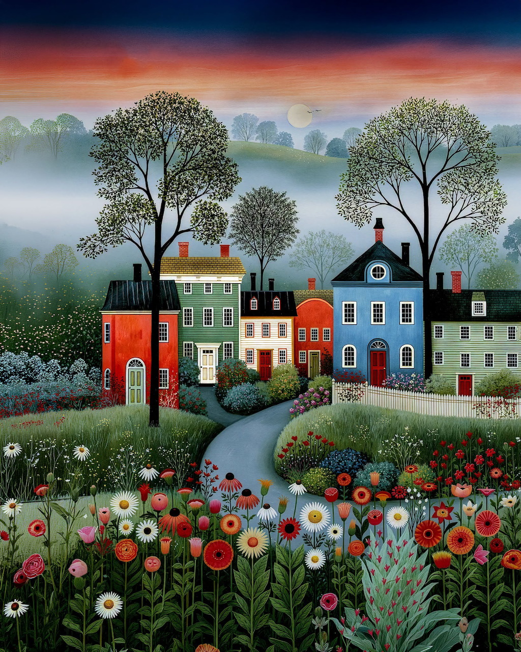Painting of colorful village houses with flowers, trees, and a winding path