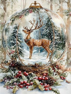 Snow globe with a deer in winter pine scene, framed by holly, berries and pinecones