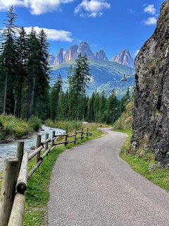 Paved mountain path through pine forest beside a rocky cliff with distant peaks and blue sky