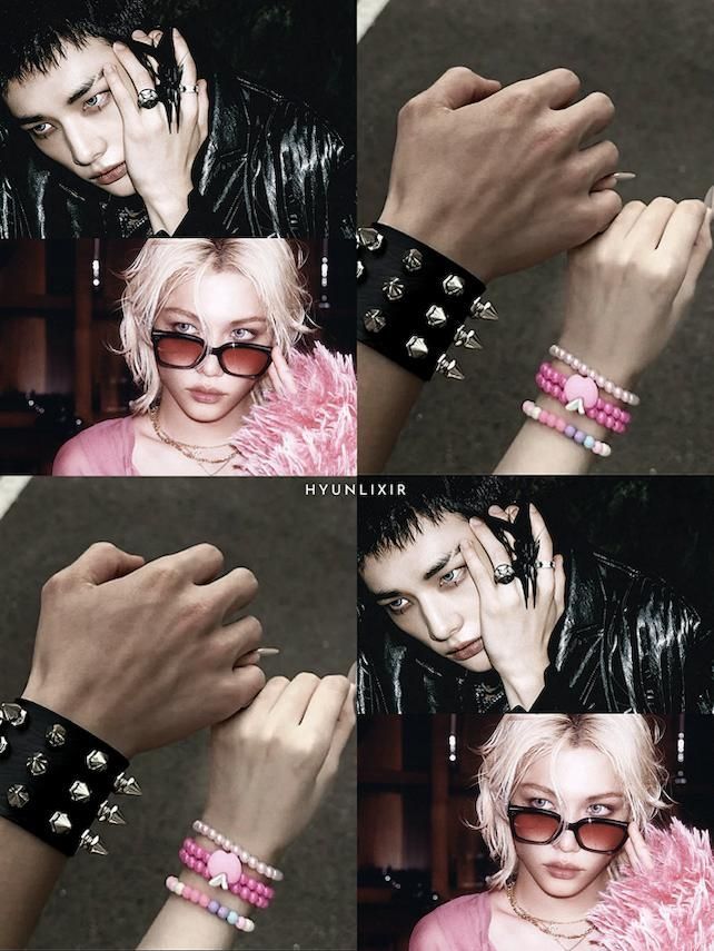Collage of a dark-haired man and pink-haired woman wearing punk and beaded bracelets