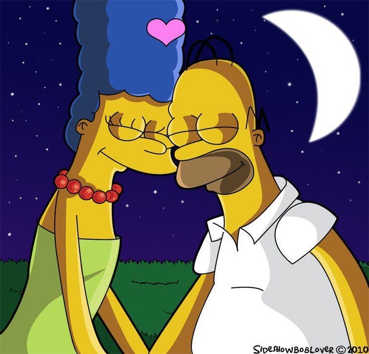Homer and Marge Simpson touching foreheads under a crescent moon at night