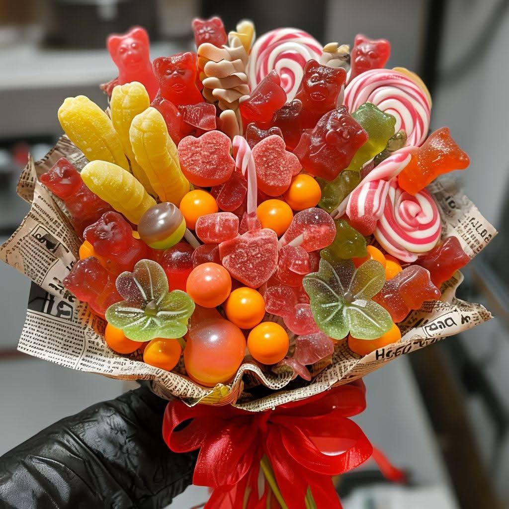 Colorful candy bouquet with gummy bears, lollipops, and assorted sweets wrapped in paper with a red bow