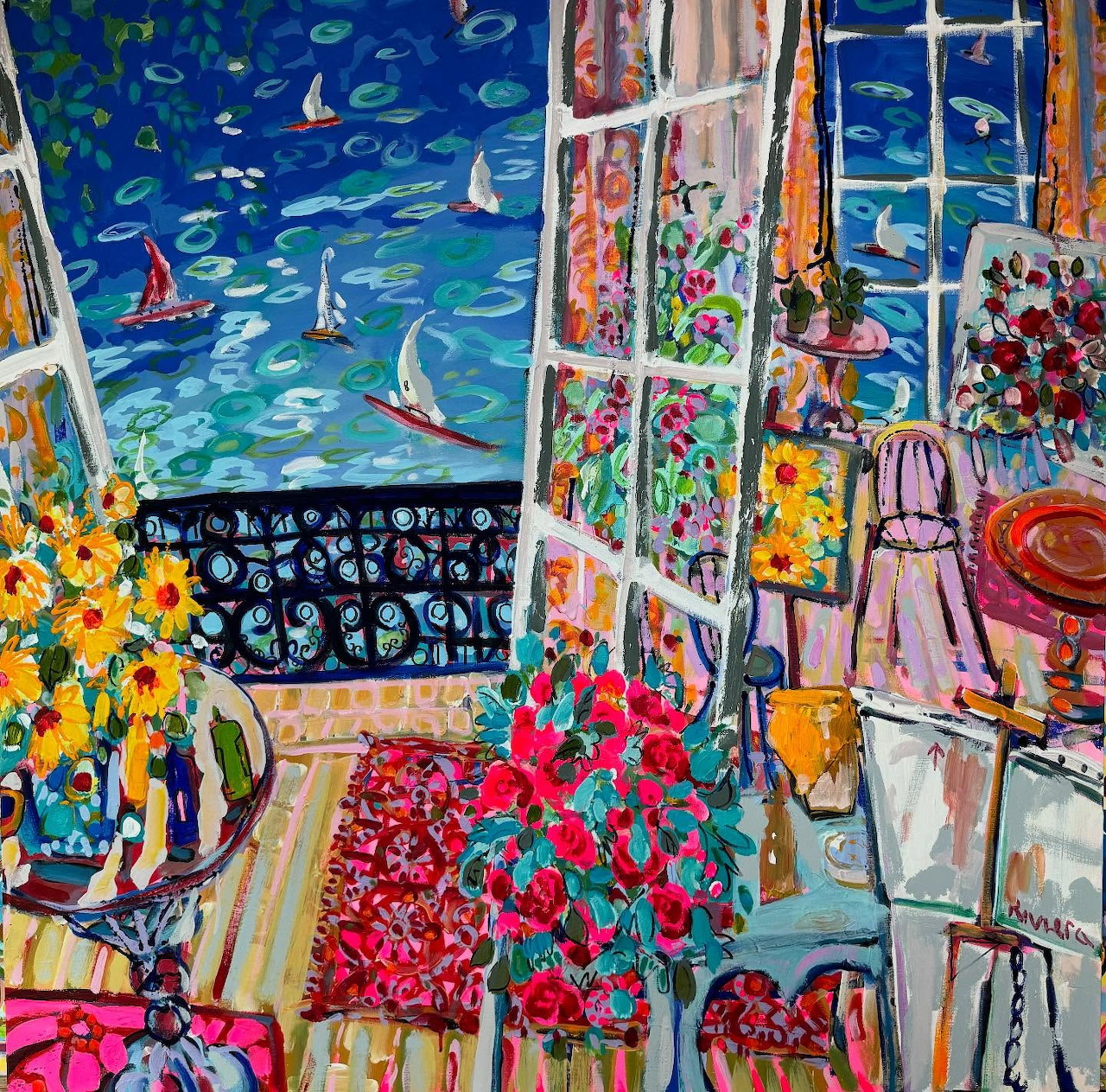 Vibrant painting of an interior room with floral art, blue ocean view through windows, chair and table with flowers