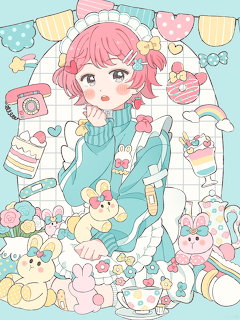 Pastel anime girl with pink hair, sweets, plush toys, and ribbons on a light blue background