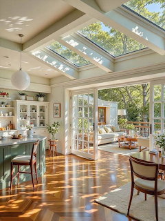 Bright kitchen interior with skylights, large windows, wooden floor, and dining table