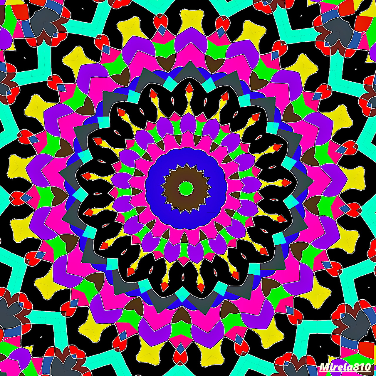 Bright symmetrical mandala with geometric patterns in pink, yellow, green, and cyan radiating from blue center