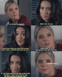 Six-panel collage of Pretty Little Liars TV show scenes with two women talking and subtitle text