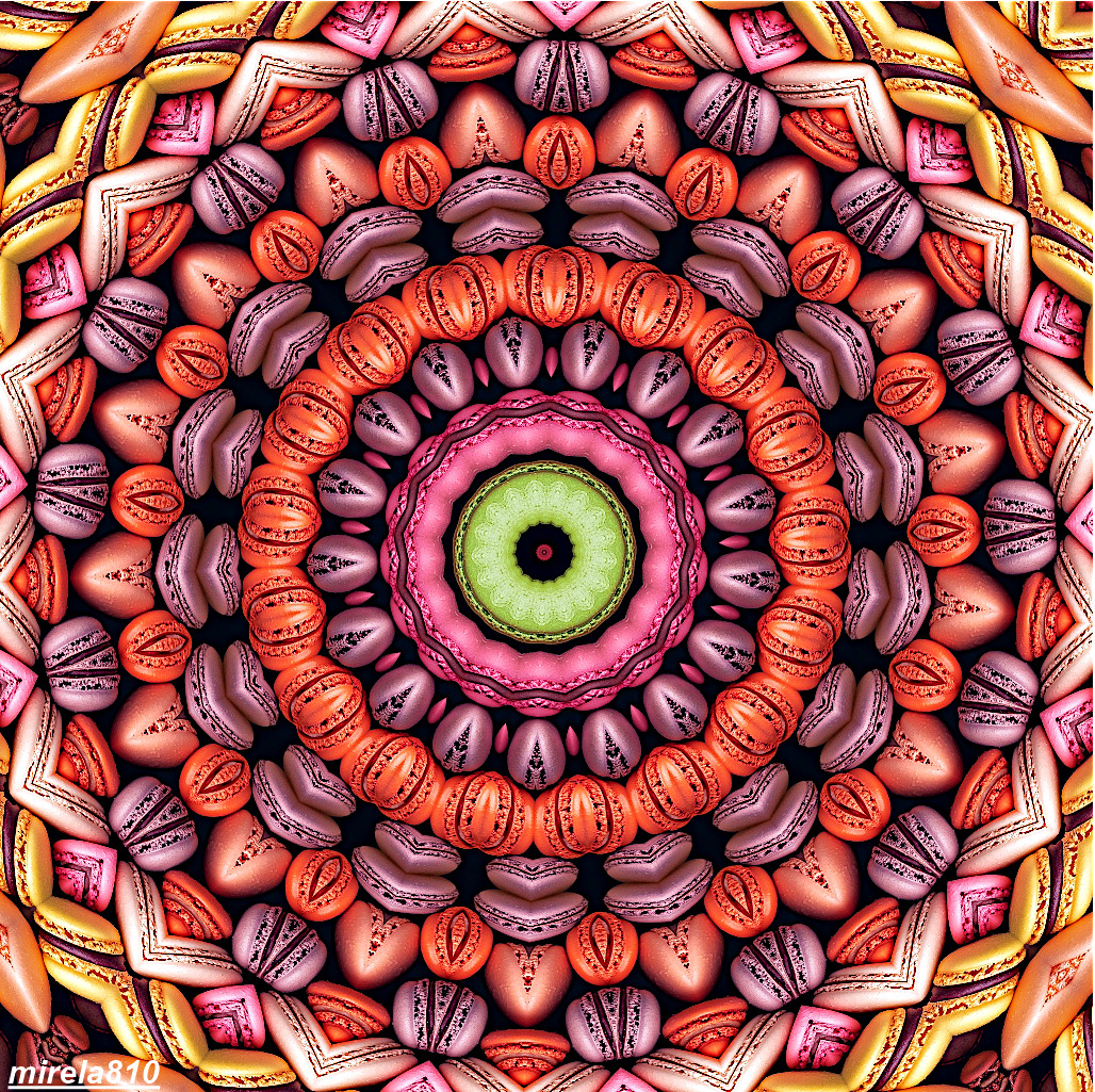 Circular mandala made of pink, purple, orange macarons with green center