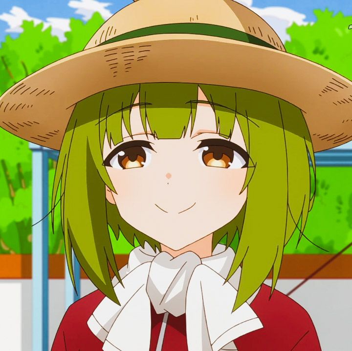 Anime girl with green hair and brown eyes wearing straw hat and red vest, smiling at viewer