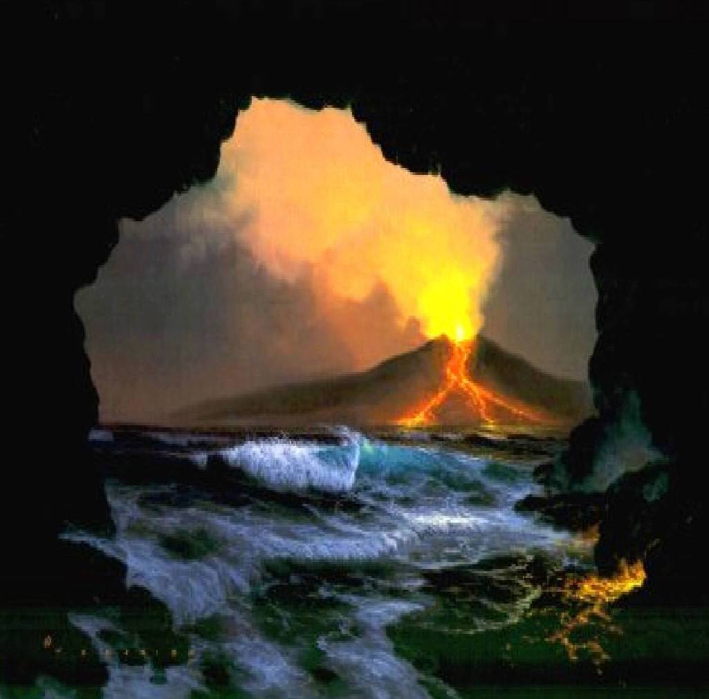 Glowing volcano erupting beyond ocean waves, seen through a dark cave opening at night