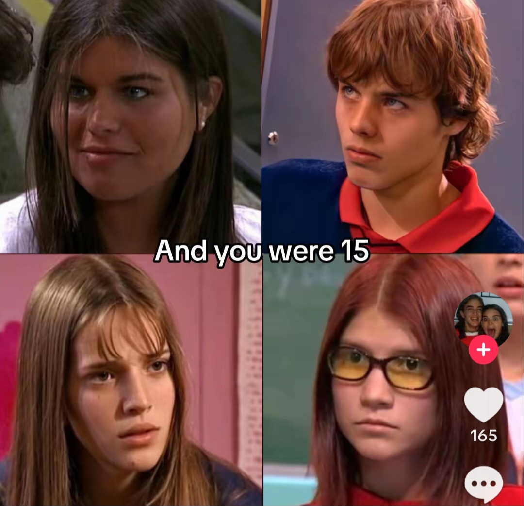 Four-panel collage of teens from Rebelde Way with a subtitle across the middle