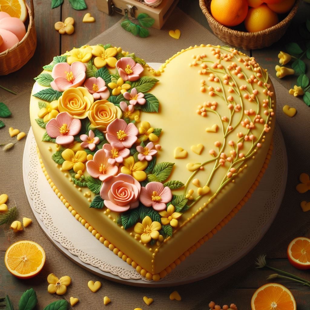 Heart-shaped yellow cake with floral decorations and golden branch design on wooden surface