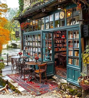Turquoise bookstore storefront in Paris with outdoor seating by a canal in autumn