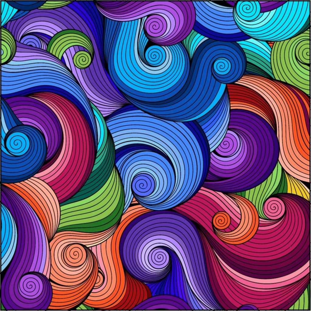 Colorful abstract illustration of many overlapping spiral swirls in vibrant blues, purples, pinks, grens, and oranges