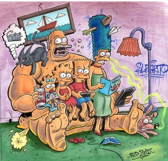 The Simpsons family sitting on their living room couch with pets and wall decorations