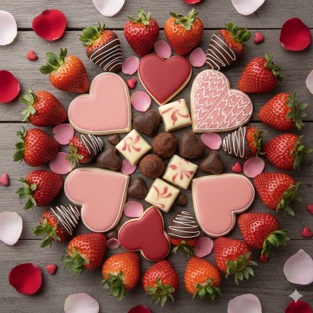 Heart-shaped cookies and chocolates with strawberries and rose petals arranged in a circle