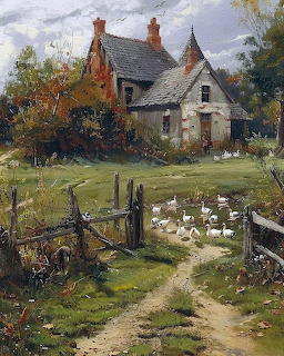 Painting of a rustic cottage with white geese on a grassy path by a wooden fence