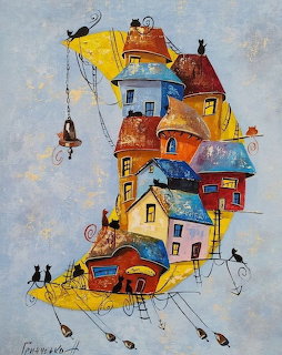 Whimsical illustration of colorful stacked houses shaped like a crescent moon with black cats sitting on various levels