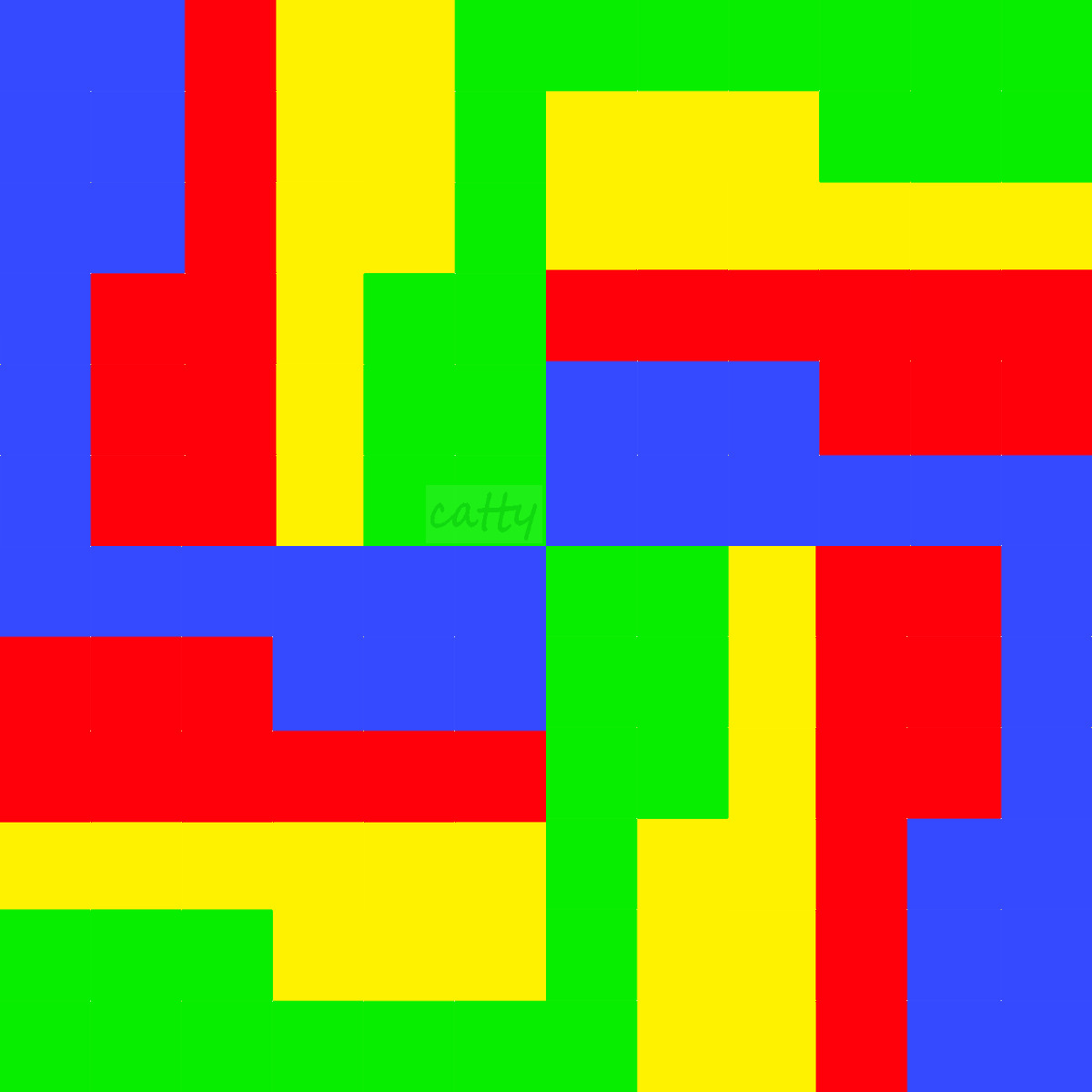 Abstract geometric pattern with red, blue, yellow, and green rectangular blocks interlocking on a square canvas