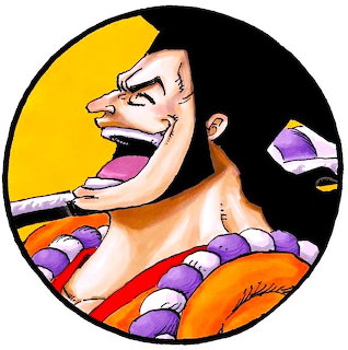 Anime character Oden from ONE PIECE laughing with mouth wide open, wearing orange and purple traditional garment