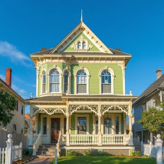 Pale green Victorian house with ornate porch and white picket fence