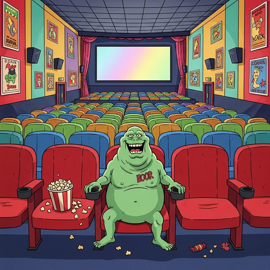 Cartoon green ghost Slimer in movie theater with rainbow seats and popcorn