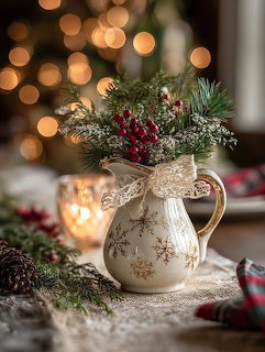 Christmas evergreen bouquet with red berries in cream pitcher on lace tablecloth with glowing lights behind