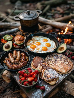 Outdoor campfire breakfast with eggs, sausages, pancakes, strawberries, and avocado on a wooden table