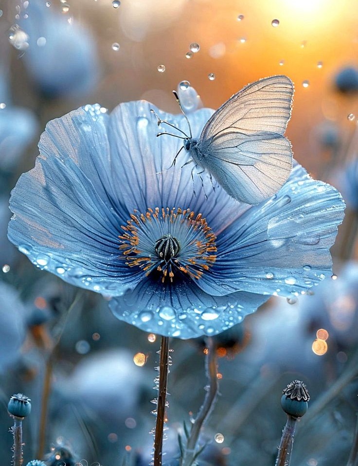 White butterfly perched on a blue poppy flower covered in water droplets with golden sunset light