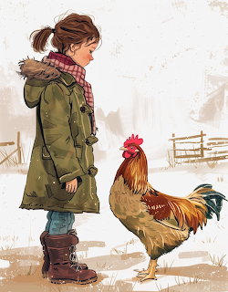 Young girl in winter coat looking at a rooster in snow