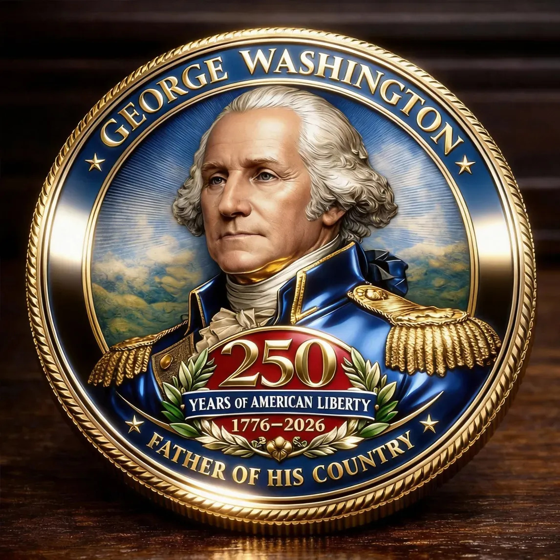 Gold commemorative coin with George Washington portrait in military uniform, 250 years of American liberty 1776-2026
