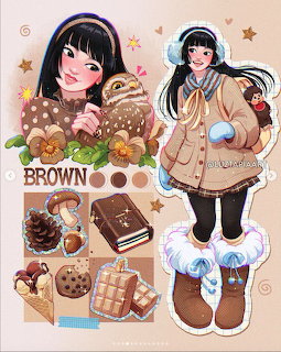 Illustration of a girl in a brown winter coat with an owl, mushrooms, chocolate, and cozy autumn elements