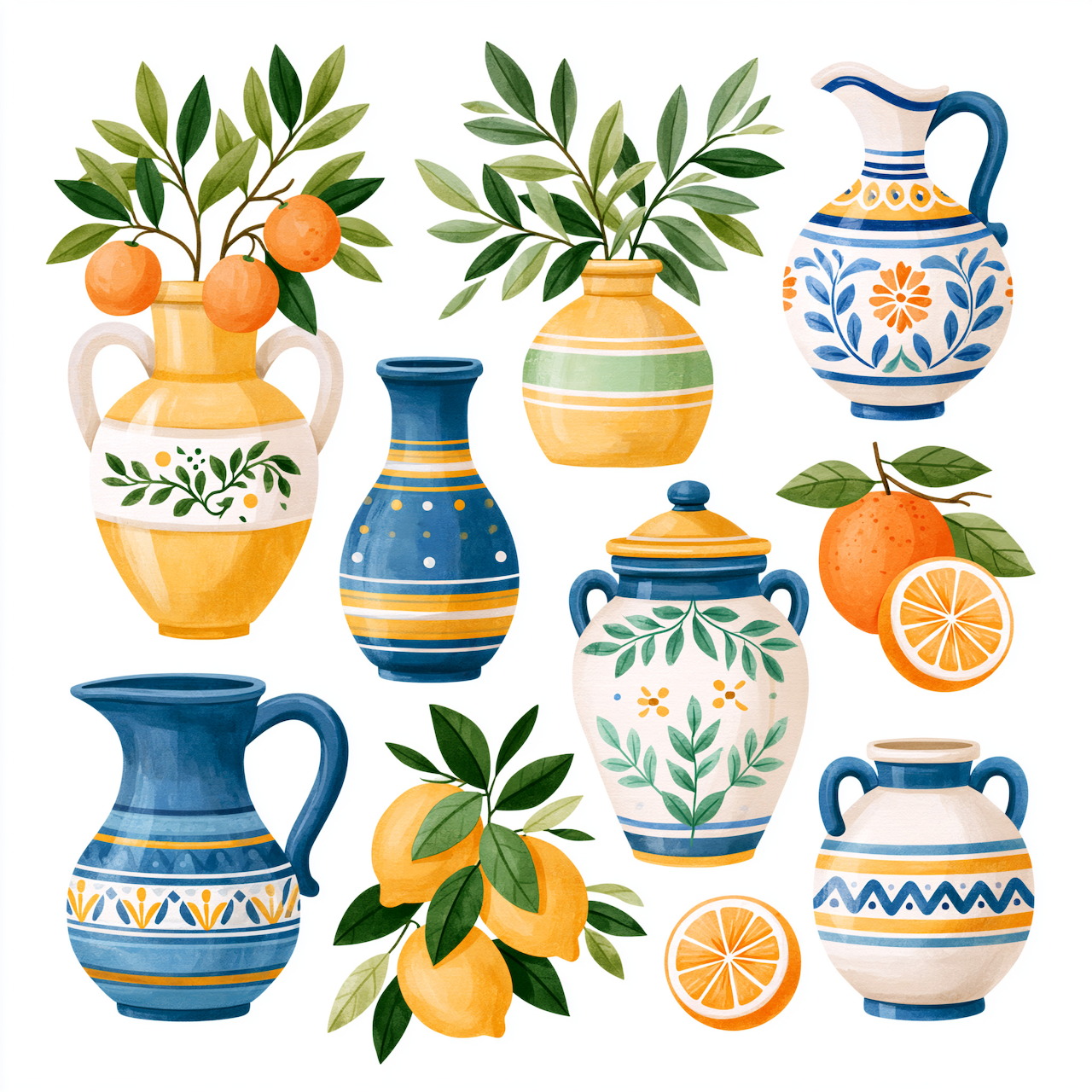 Arrangement of painted Mediterranean pottery vases with citrus fruits and leaves