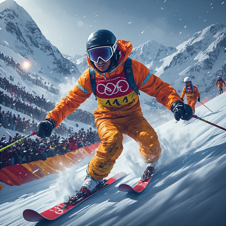 Olympic skier in bright orange jacket and yellow pants racing down snowy slope with mountains and crowd in background