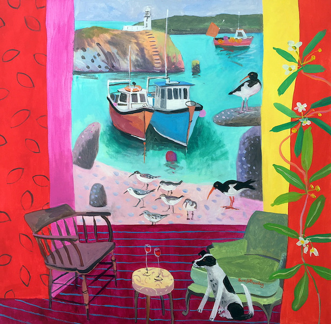 Colorful painting of chairs indoors facing a harbor with boats, birds, and bright red and yellow walls