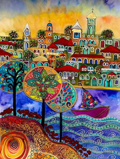 Colorful folk art painting of a Mediterranean coastal village with ornate trees and mosaic pathways