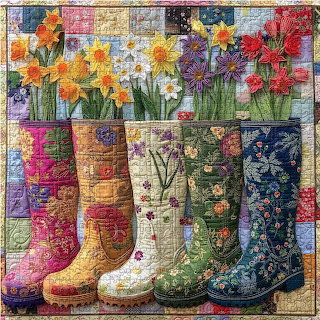 Colorful patchwork artwork of floral rain boots and flowers arranged in rows