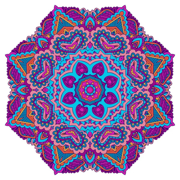 Colorful symmetrical mandala with elaborate floral and paisley patterns in purple, pink, and turquoise