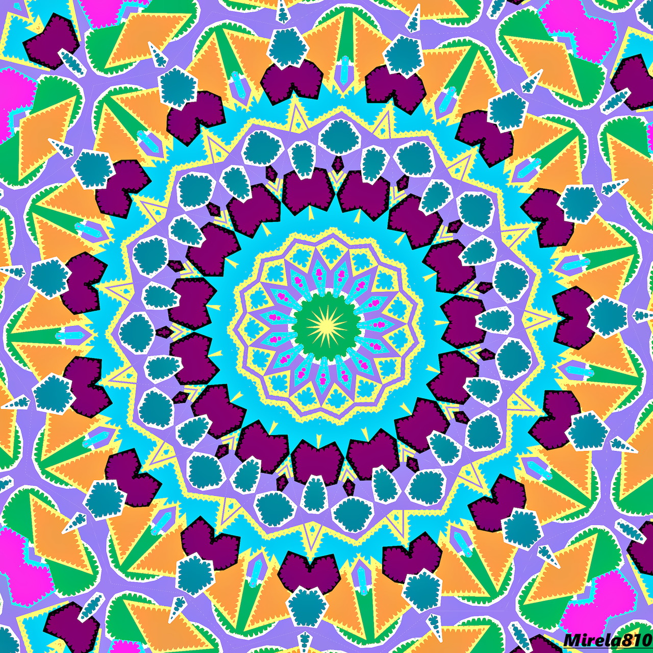 Colorful geometric mandala pattern with concentric symmetrical shapes in purple, orange, turquoise, and pink