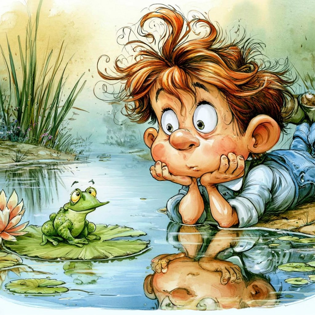 Illustrated boy with tousled hair watching a frog on a lily pad in a tranquil pond