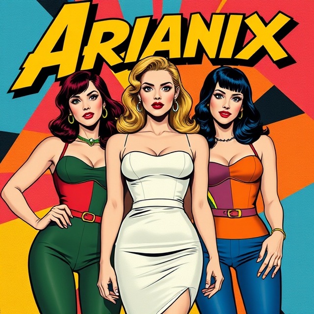Three illustrated women in 1950s fashion poses with retro hairstyles on colorful geometric background