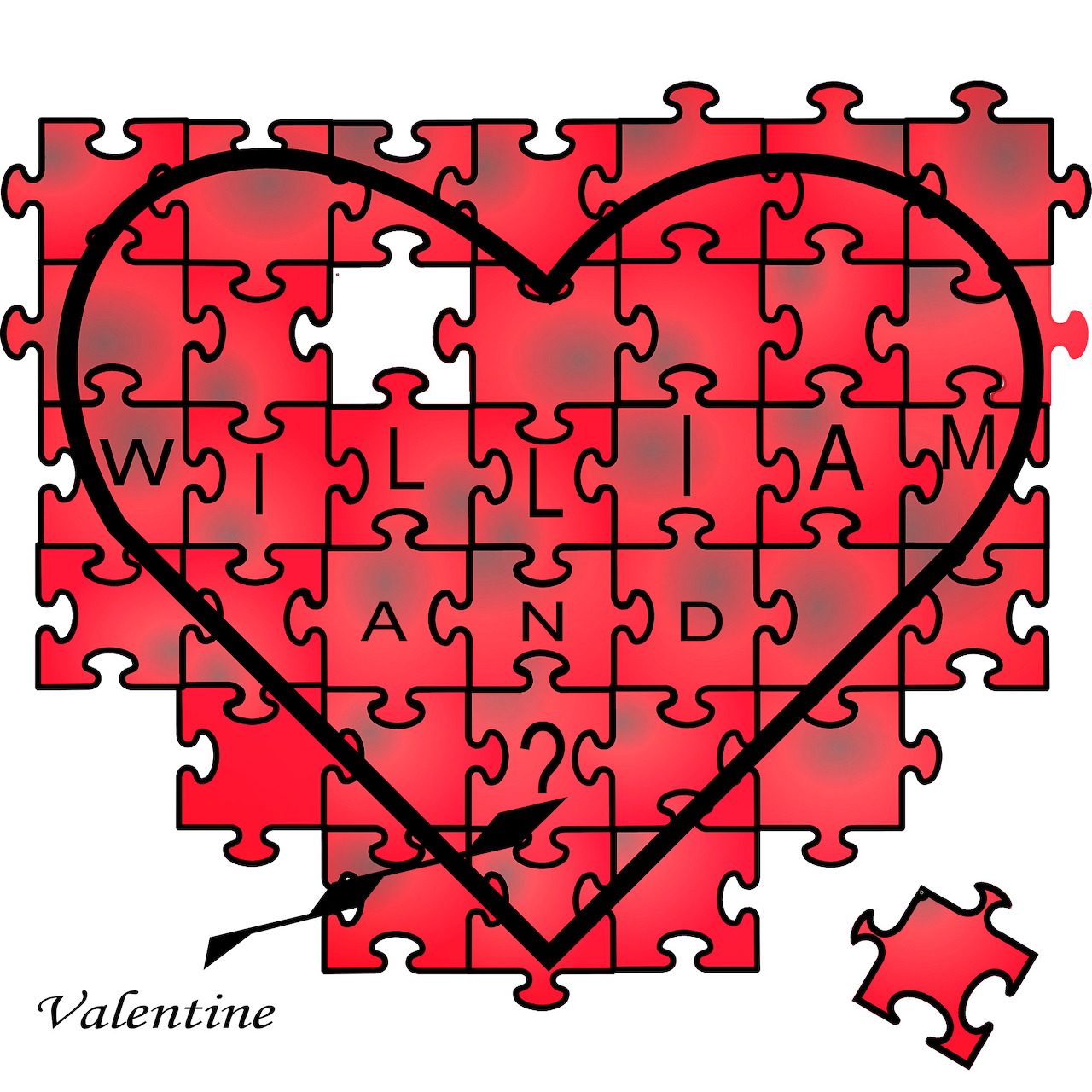 Red heart jigsaw puzzle with interlocking pieces and 'Valentine' text below