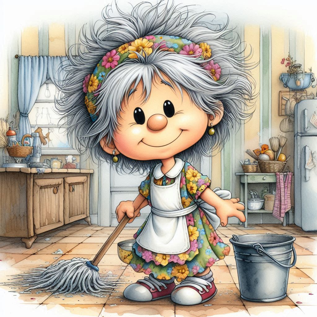 Cartoon girl with gray hair in colorful apron mopping kitchen floor with bucket