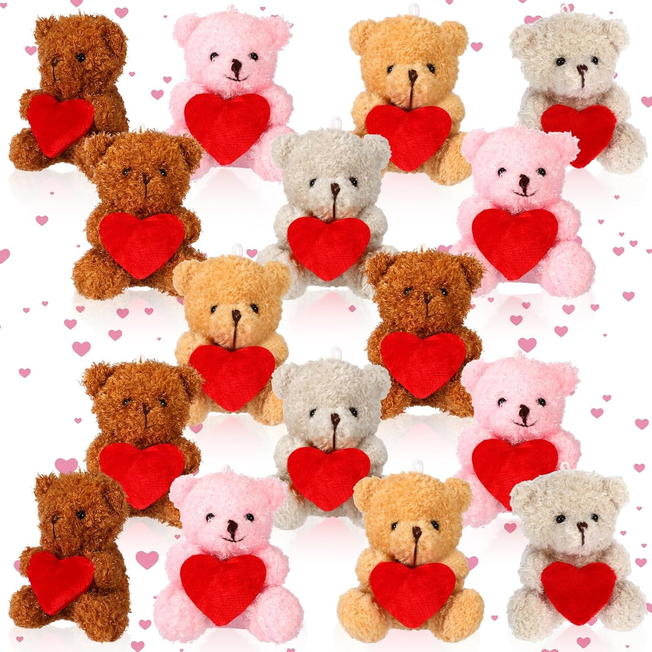 Plush teddy bears holding red hearts on a white background with small pink hearts