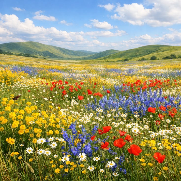 Colorful wildflower meadow with rolling green hills and a blue sky with clouds