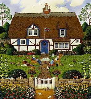 Folk art painting of thatched cottage with colorful garden, people gardening, flowers, and pathways